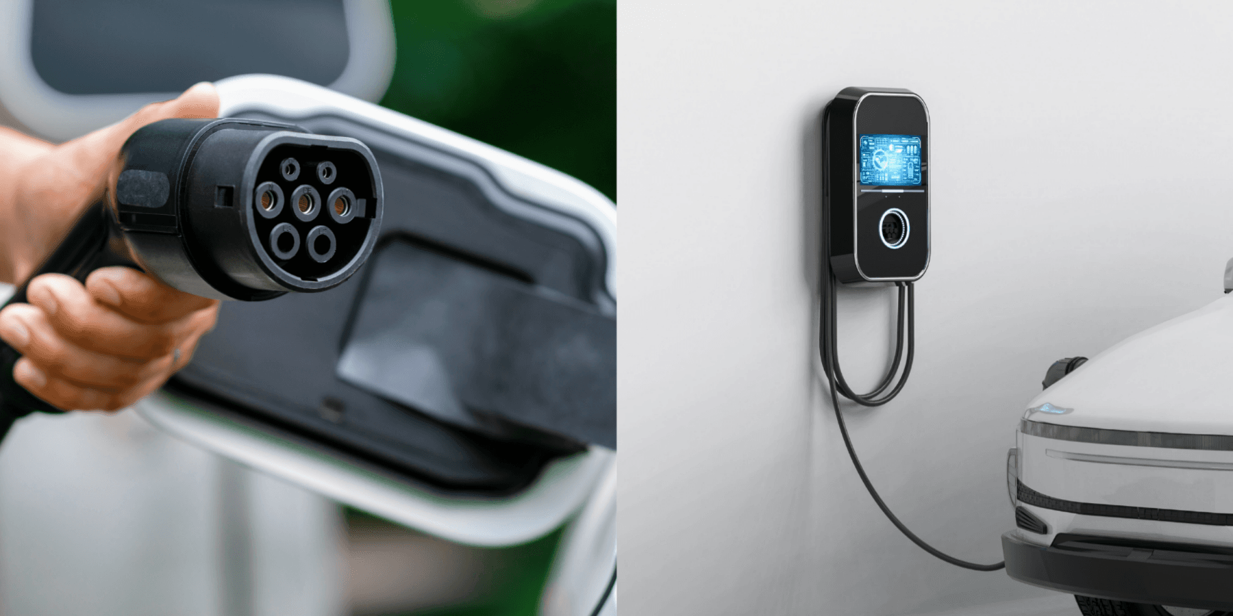 Home EV charging setup with wall charger and parked electric car