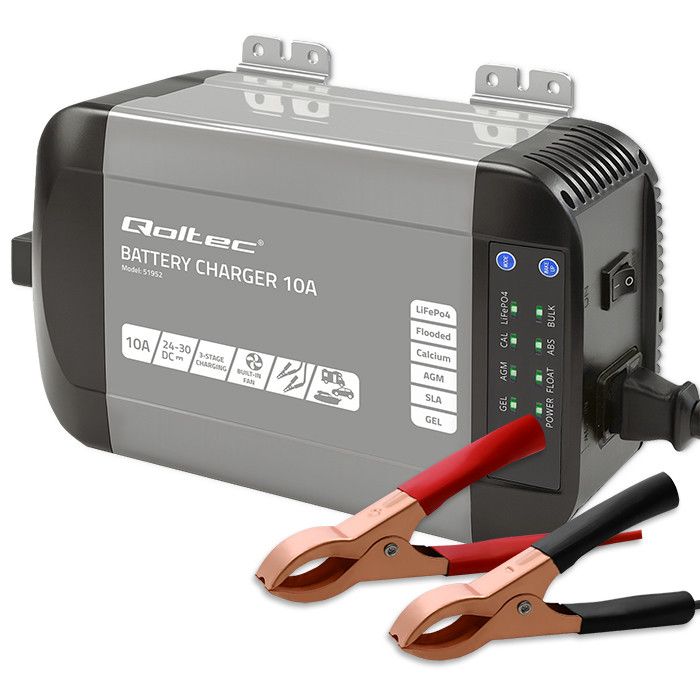 Qoltec Smart Monolith charger for LiFePO4 AGM GEL SLA batteries | 10A | 24V