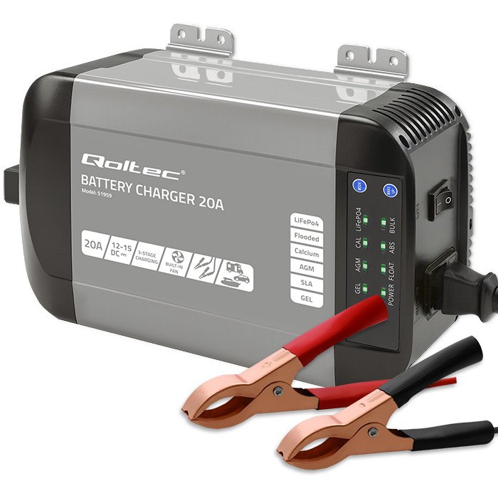 Qoltec Smart Monolith charger for LiFePO4 AGM GEL SLA batteries | 20A | 12V