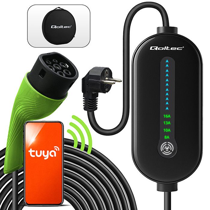 Qoltec Mobile EV Electric Car Charger with 2in1 Type 2 Adjustment | 3.5kW | 230V | SCHUKO 16A | Wi-fi | TUYA | LCD | LED | 5m