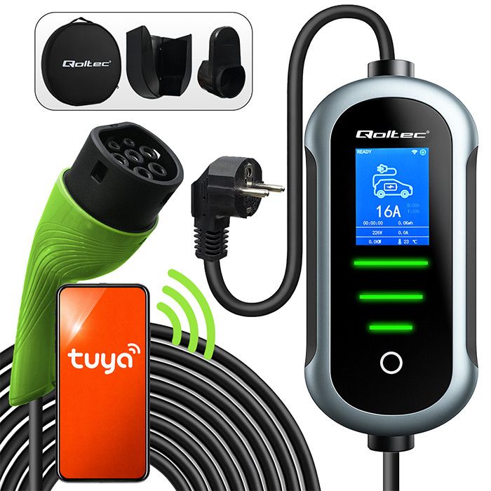 Qoltec Mobile EV Electric Car Charger with 2in1 Type 2 Adjustment | 3.5kW | 230V | SCHUKO 16A | Wi-fi | TUYA | SMART LIFE | LCD | LED | Portable | 5m