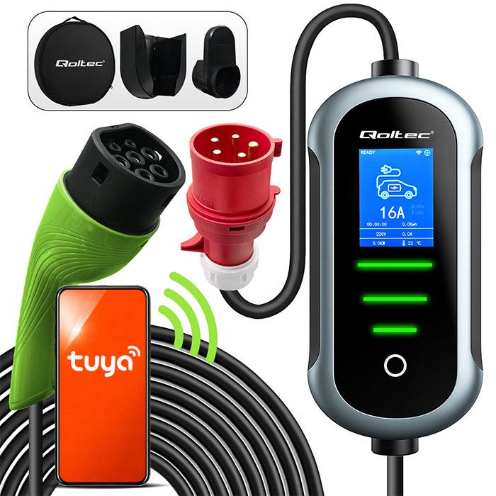 Qoltec Mobile EV Electric Car Charger with 2in1 Type 2 Adjustment | 11kW | 400V | CEE 32A | Wifi | TUYA | SMART LIFE | LCD | Portable | 5m
