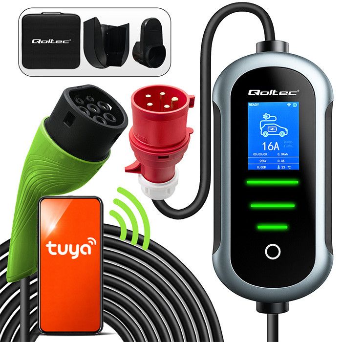 Qoltec Mobile EV Electric Car Charger with 2in1 Type 2 Adjustment | 22kW | 400V | CEE 32A | Wi-fi | TUYA | SMART LIFE | LCD | Portable | 7m