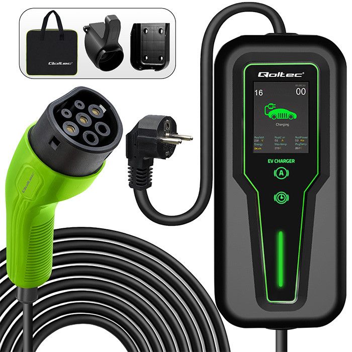 Qoltec Mobile charger for EV 2in1 Type2 with regulation | 3.5kW | 230V | SCHUKO 16A | LCD | Portable | Wallbox | 5m