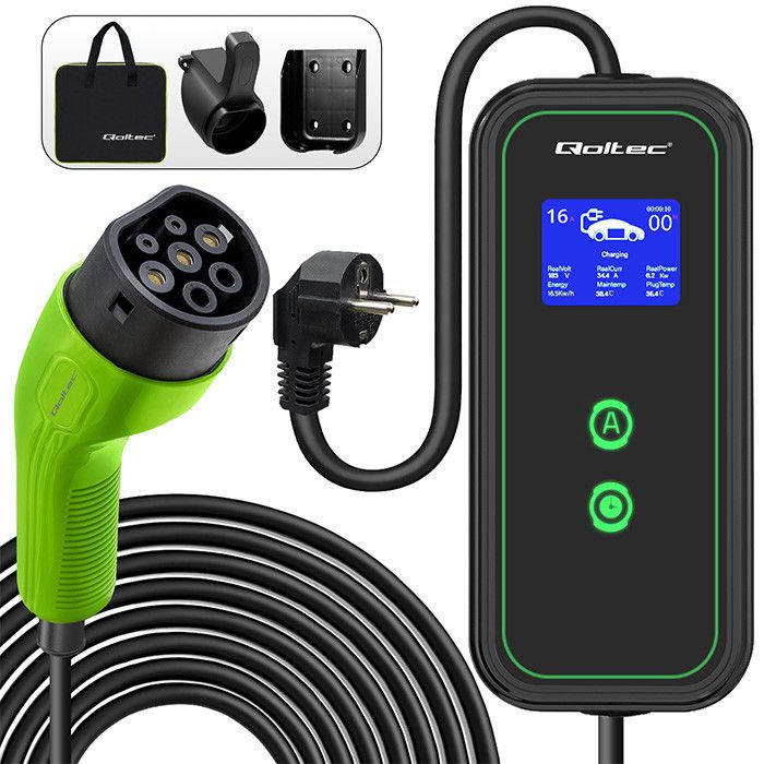Qoltec Mobile charger for EV 2in1 Type2 | 3.5kW | 230V | SCHUKO 16A | LCD | Portable | Wallbox | 5m