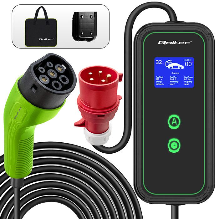 Qoltec Mobile charger for EV 2in1 type2 | 7kW | 230V | CEE 32A | LCD | Portable | Wallbox | 5m