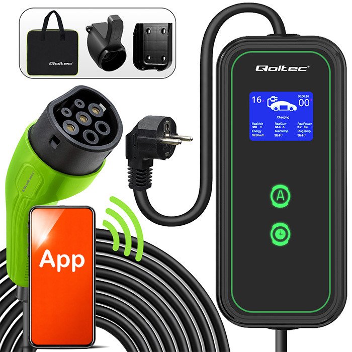 Qoltec Mobile EV charger with adjustable 2in1 Type2 | 3.5kW | 230V | SCHUKO 16A | Wi-fi | LCD | Portable | Wallbox | 5m