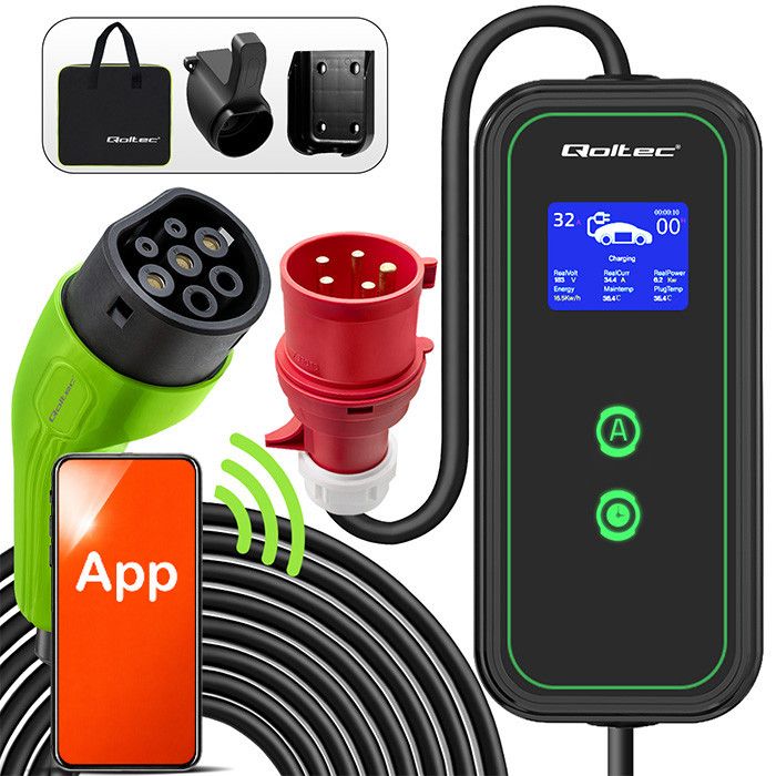 Qoltec Mobile EV charger with adjustable 2in1 Type2 | 7kW | 230V | CEE 32A | Wi-fi | LCD | Portable | Wallbox | 5m