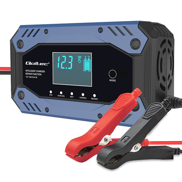 Qoltec Intelligent charger for STD AGM GEL LiFePO4 | Battery charger with repair function |12-24V |10A | LCD | 9 - stage charging