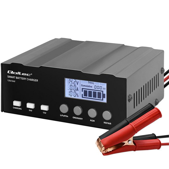 Qoltec Intelligent Microprocessor Charger 12V | 12.6V | 24V | Battery Charger with Repair Function for AGM, GEL, LiFePO4 Batteries | LCD