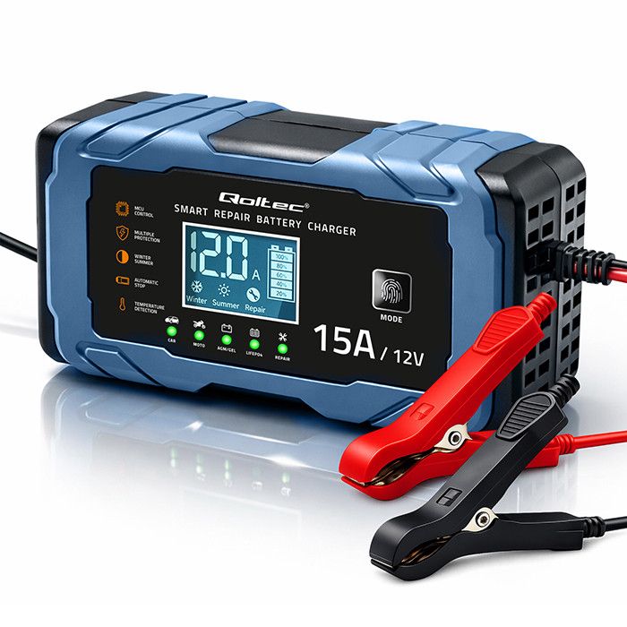 Qoltec Intelligent microprocessor charger 12V 15A | Rectifier with repair function | AGM GEL LiFePO4 | 9-stage charging