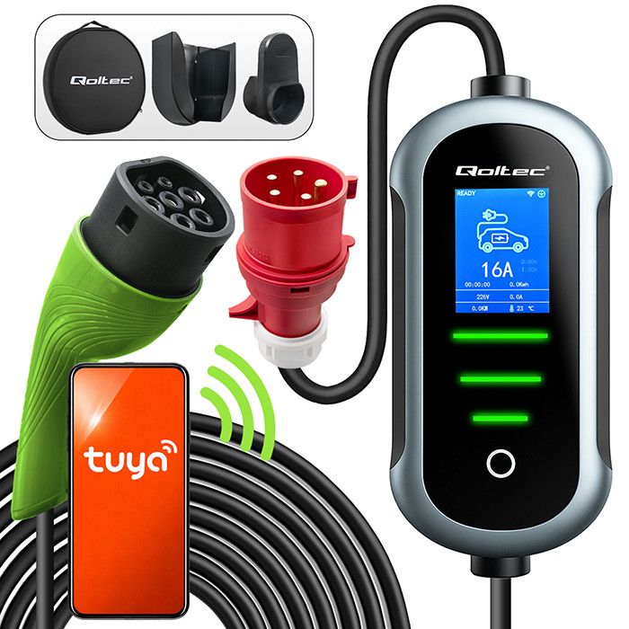 Qoltec Mobile EV Electric Car Charger with 2in1 Type 2 Adjustment | 7kW | 230V | CEE 32A | Wifi | TUYA | SMART LIFE | LCD | Portable | Wallbox | 5m